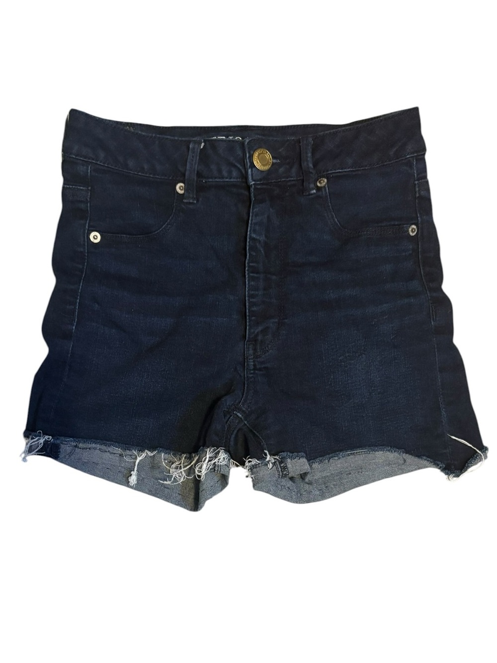 American Eagle High Rise Black Denim Shorts Raw Hem Stretch Size 4